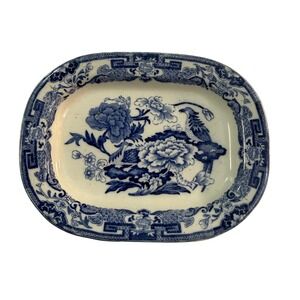 Antique Mason's Patent Ironstone Blue Chinoiserie Peacock Platter c1845 Cabinet